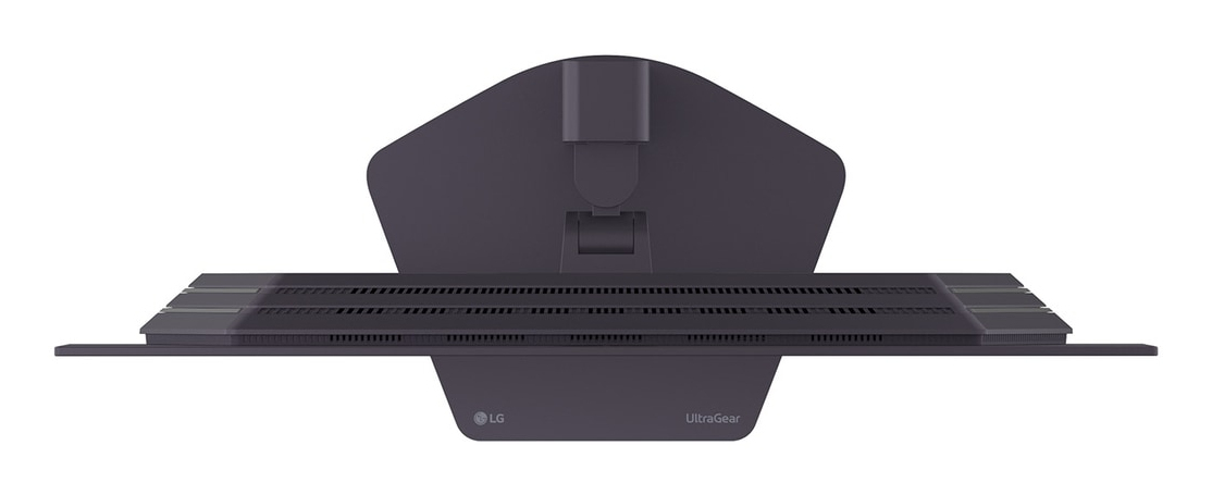 Widok z tyłu ciemnego monitora LG UltraGear ze szczelinami wentylacyjnymi.