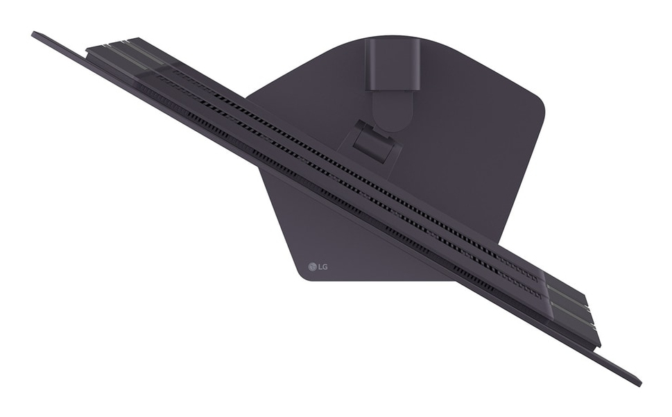 Ciemnoszary stojak pod monitor z otworami wentylacyjnymi i logo LG.