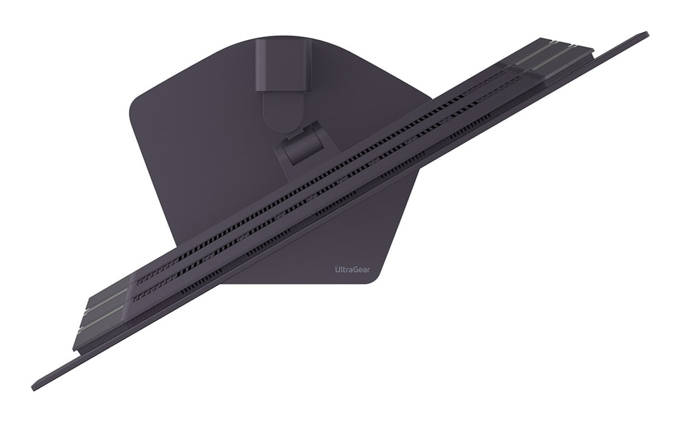 Ciemnoszary stojak monitora z otworami wentylacyjnymi i logo 'UltraGear'.