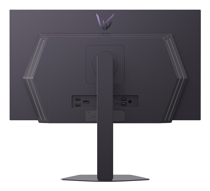 Tył fioletowego monitora z portami i logo LG.