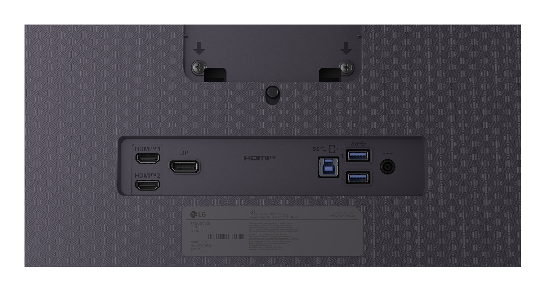 Panel przyłączy monitora z portami HDMI, DP i USB.