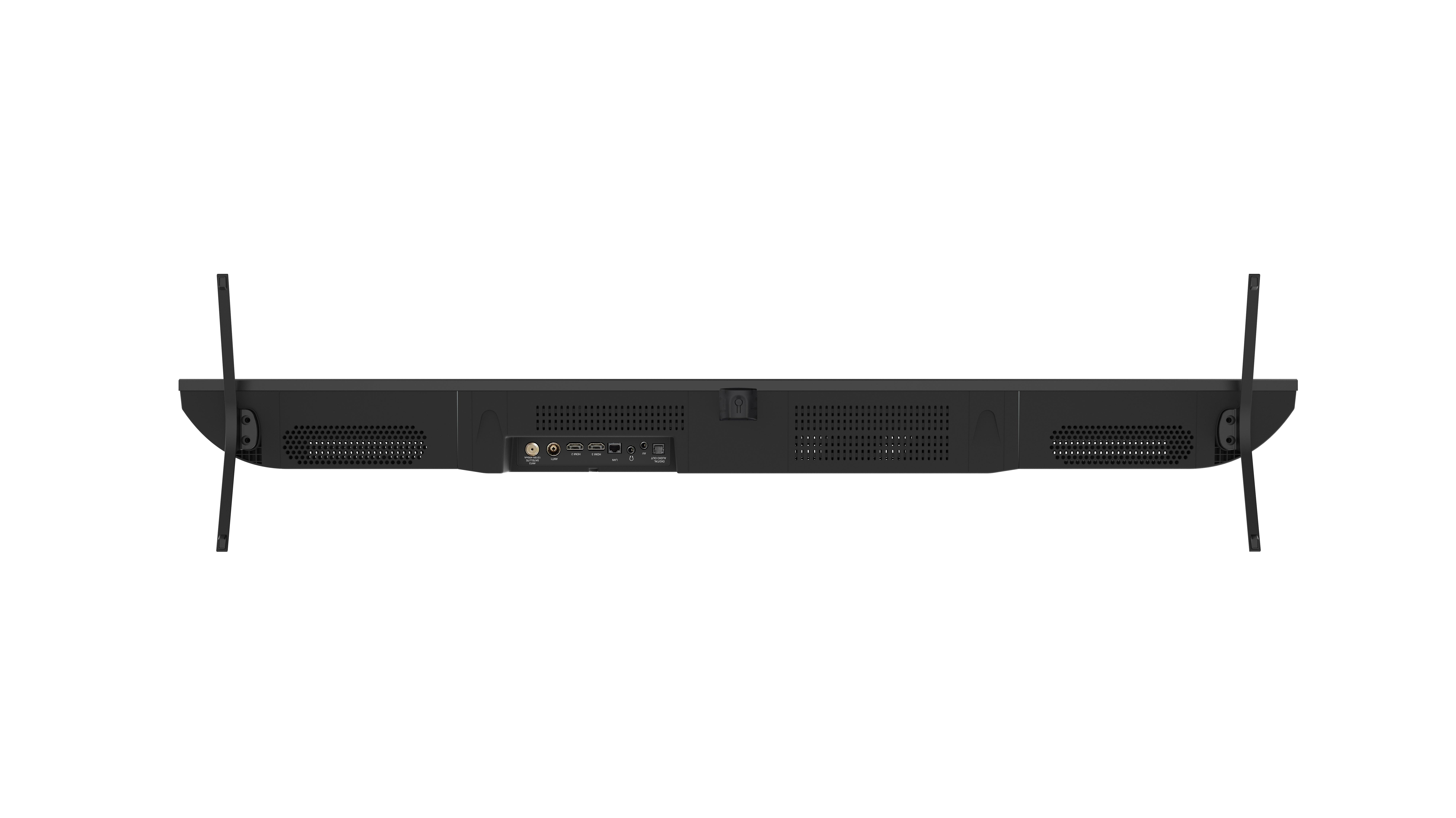 Tył czarnego telewizora z portami antenowymi, HDMI, LAN.