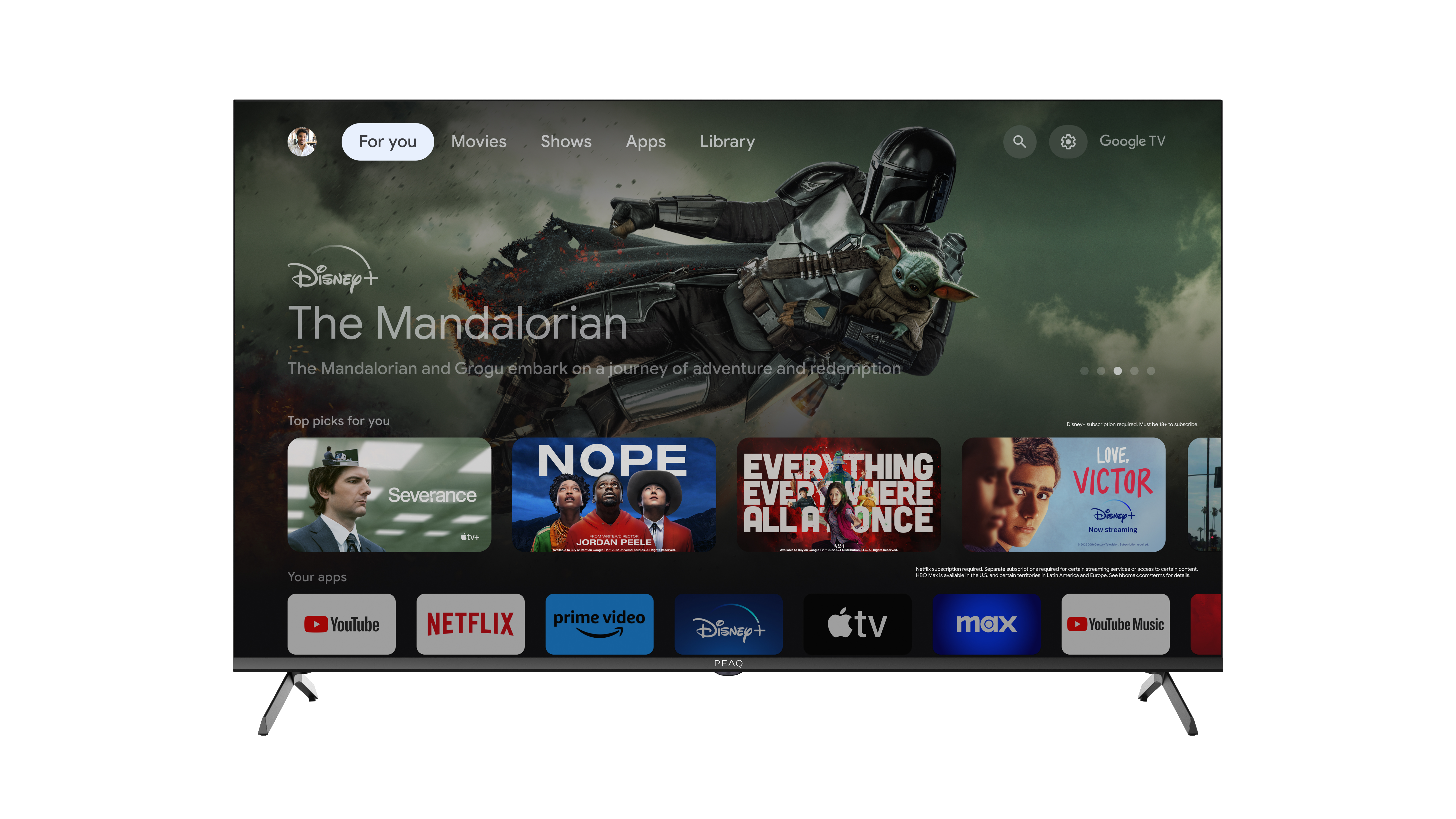 Ekran główny Google TV z serialem „The Mandalorian” i ikonami aplikacji.