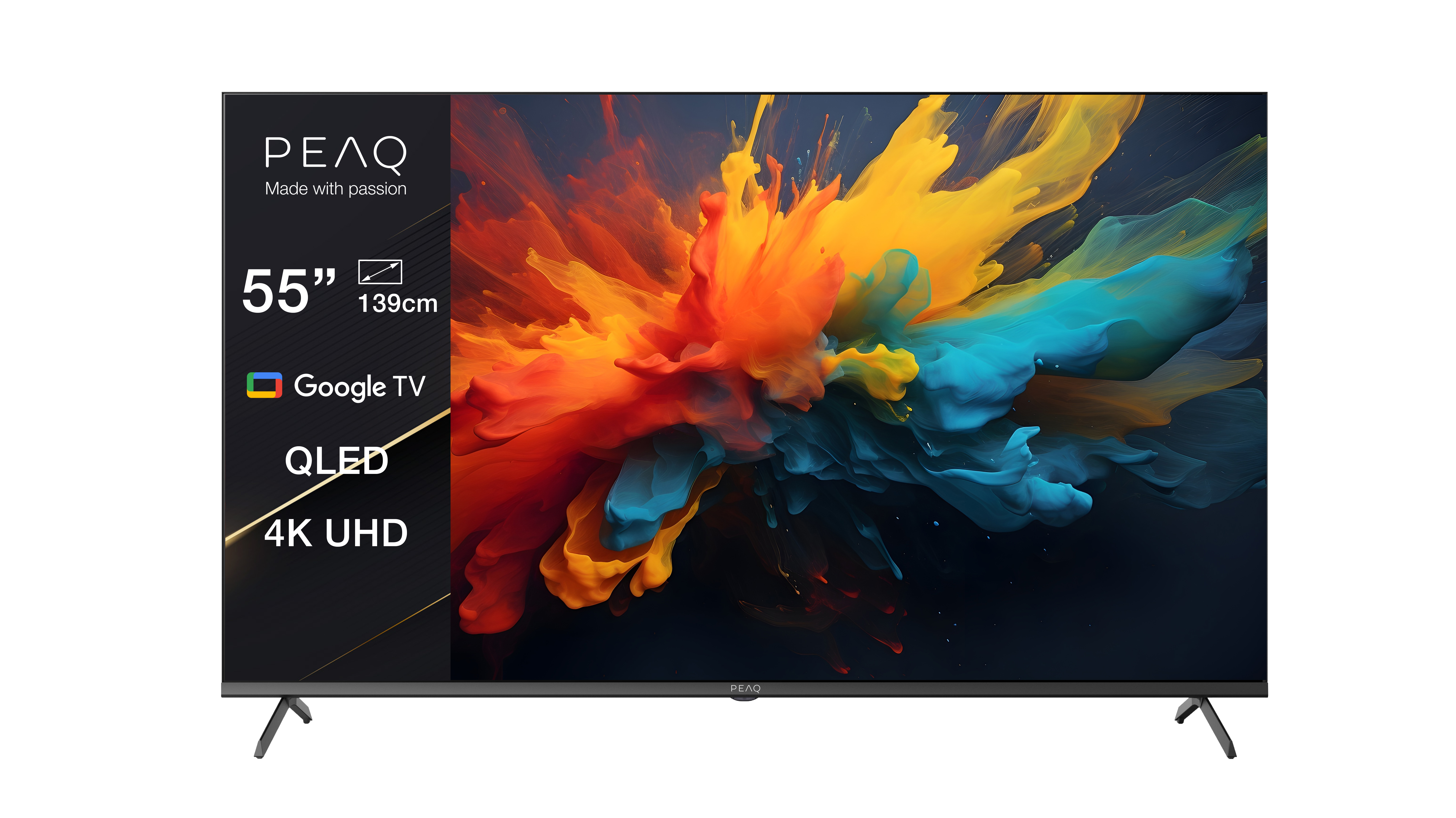 Telewizor PEAQ QLED 4K UHD 55 cali z Google TV, wyświetlający żywą eksplozję kolorów.