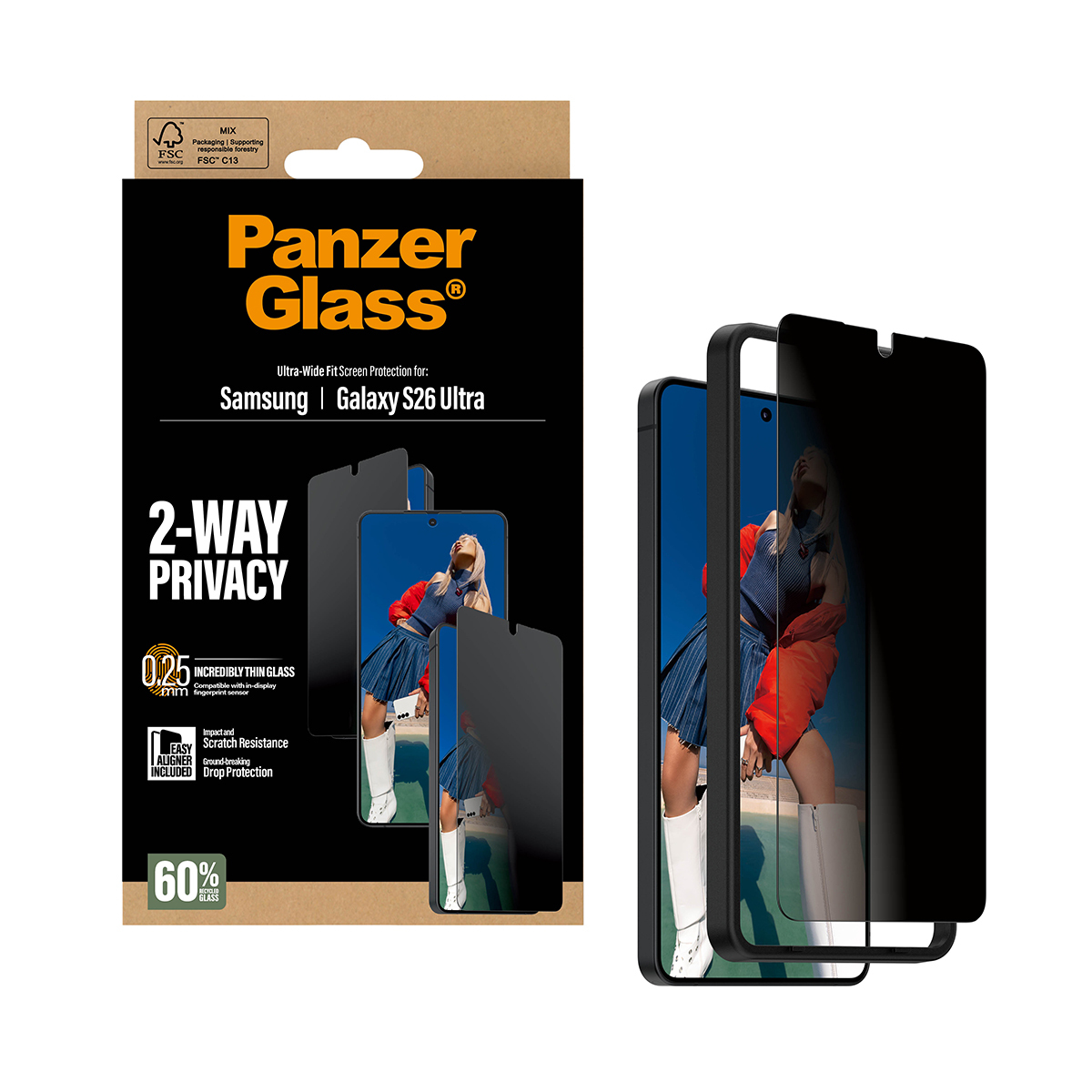 Panzer Glass Displayschutzfolien-Verpackung mit Handys, die 2-Wege-Privatsphäre zeigen.
