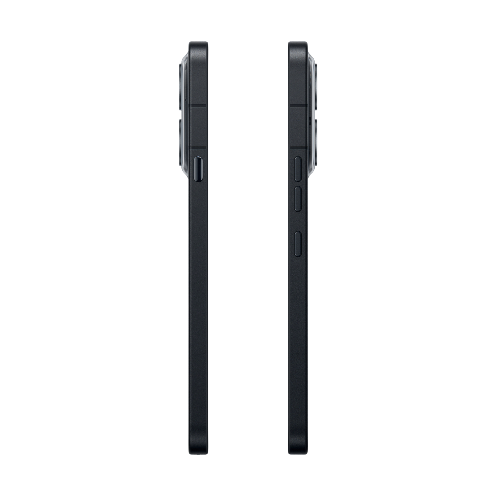 Zwei schwarze Smartphones, Seitenansicht, weiße Hintergrund.