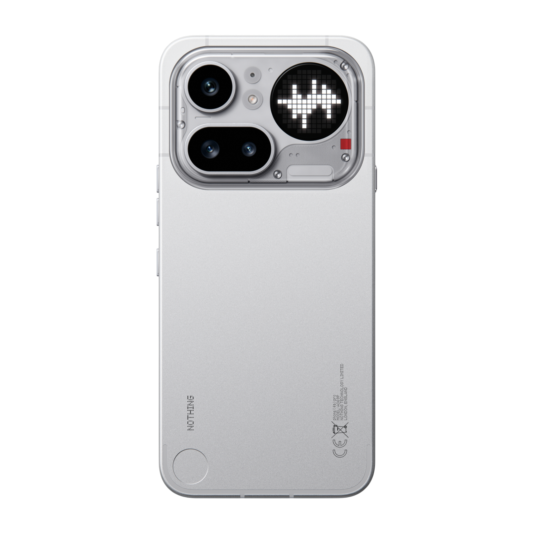 Ein silbernes Smartphone mit transparentem Rahmen und Glyph-Interface.