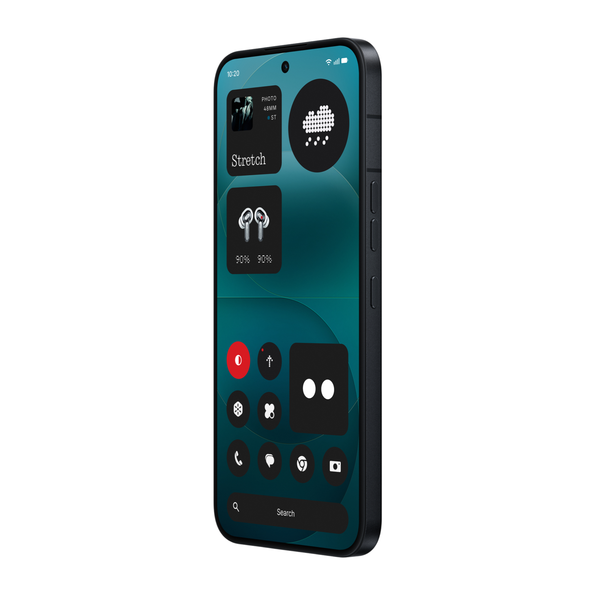 Ein Smartphone mit dunklem Design und Icons wie ein Foto und Kopfhörer.