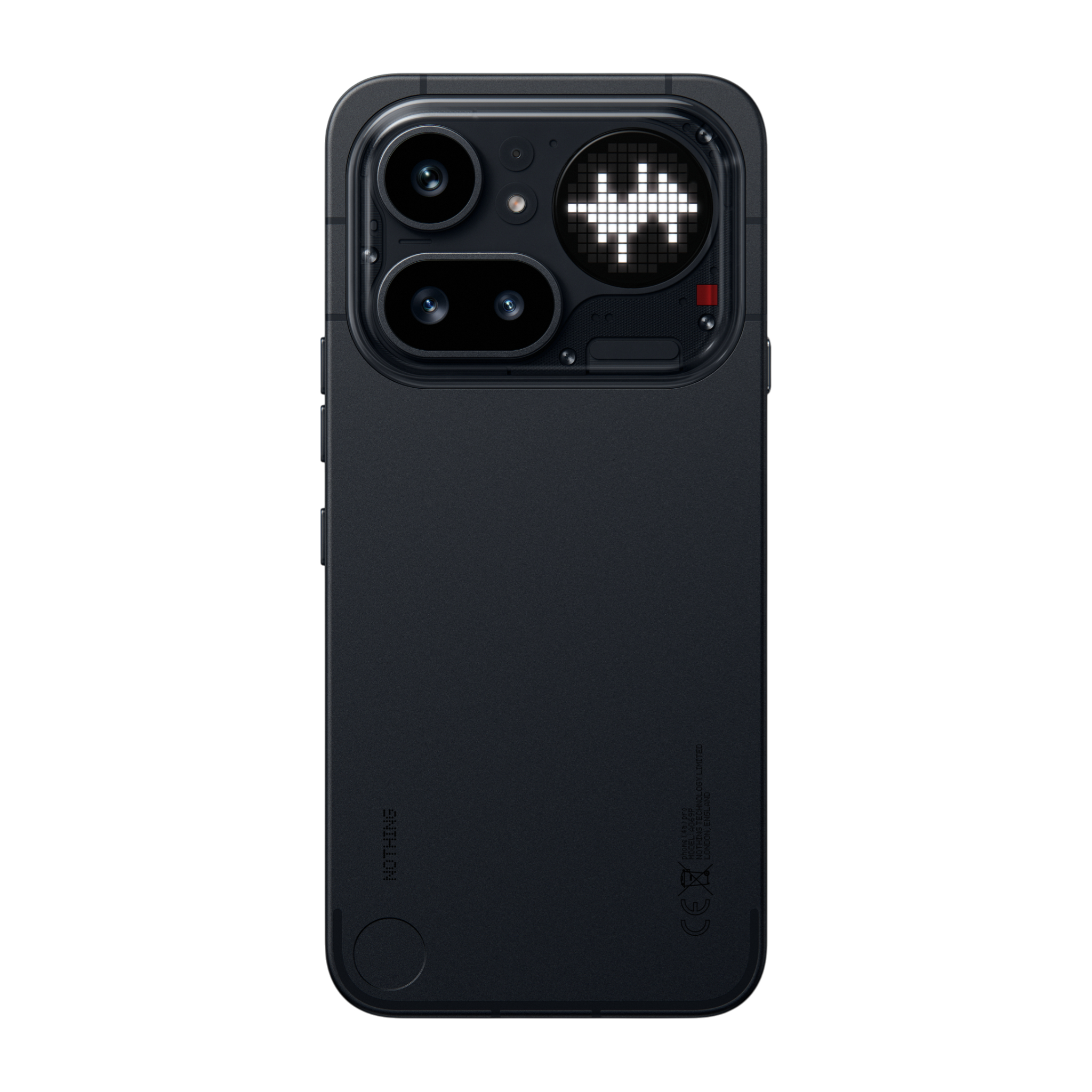 Schwarzes Smartphone mit Dual-Kameras und einer markanten weißen Pixelgrafik auf der Rückseite.
