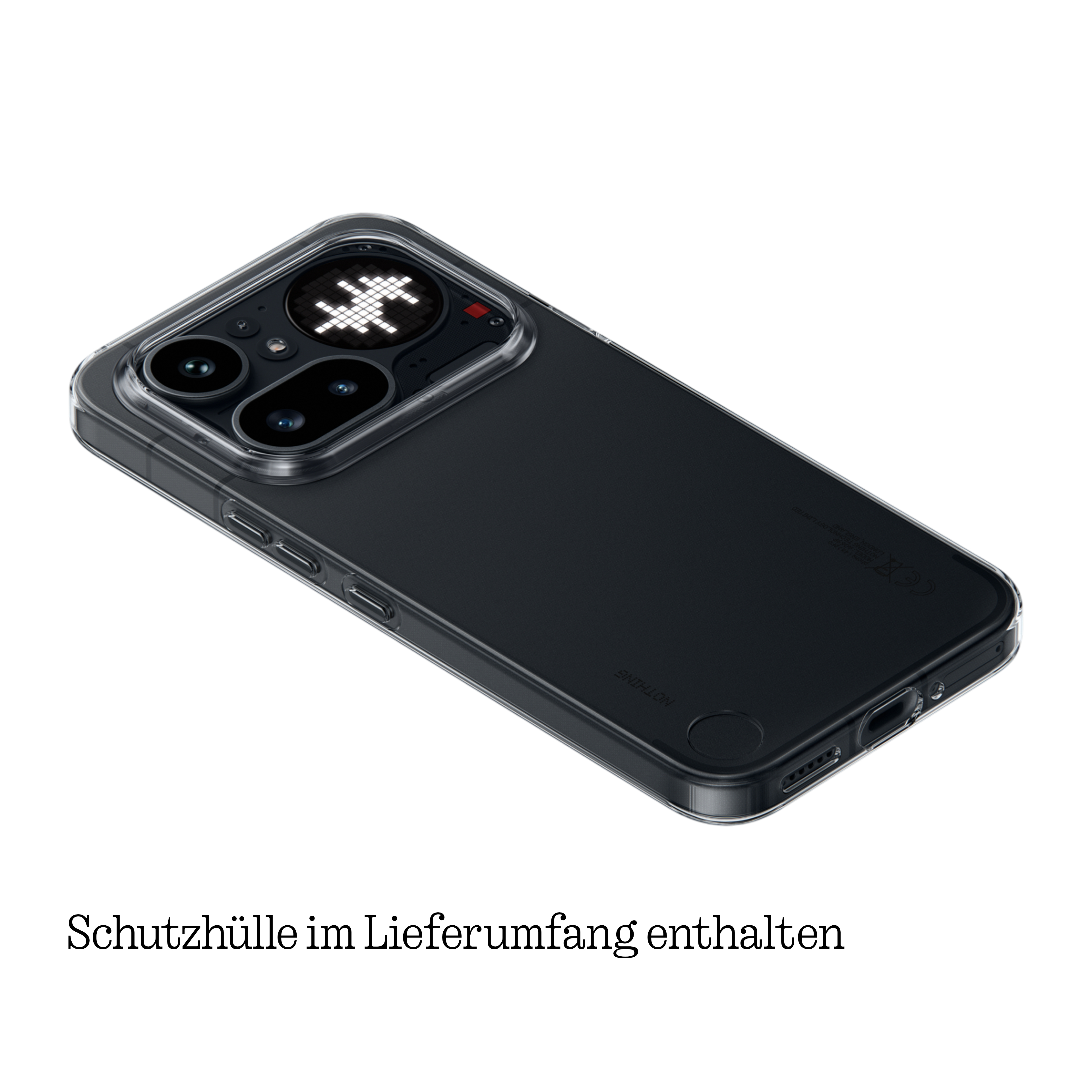 Transparente Handyhülle mit Kameramodul und Schriftzug.