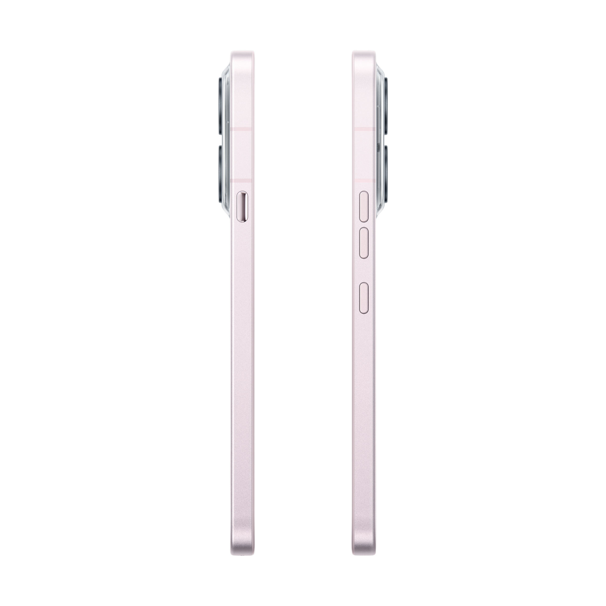 Zwei rosa Smartphones nebeneinander, Seitenansicht mit Kameras.