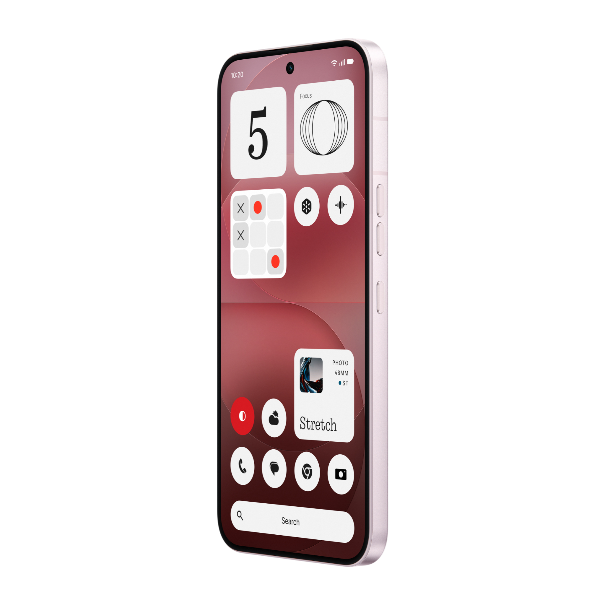 Ein hellrosa Smartphone mit einem roten Hintergrund und Widgets auf dem Bildschirm.