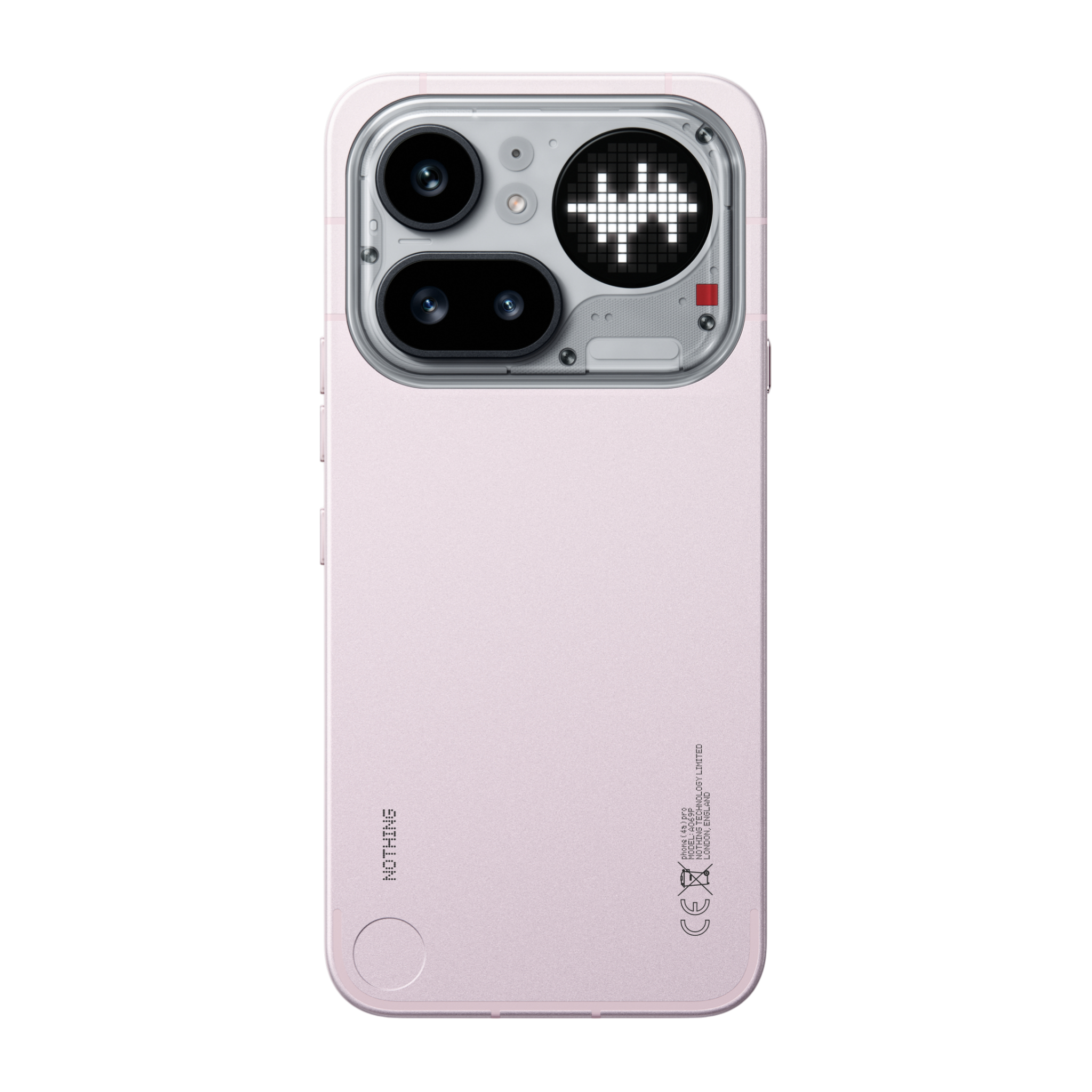 Ein rosafarbenes Smartphone mit zwei Kameras und einer LED-Matrix auf der Rückseite.