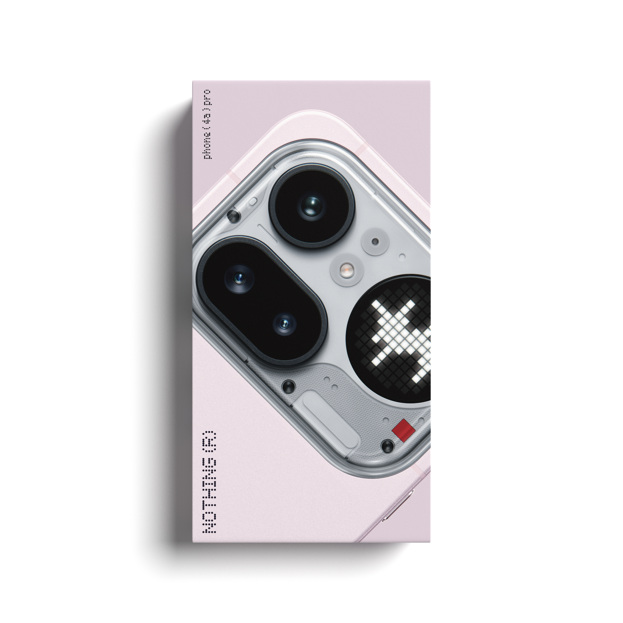 Nahaufnahme einer rosafarbenen Nothing Phone (2a) Pro Box, die die transparente Rückseite des Telefons mit sichtbaren Komponenten und Kamera zeigt.