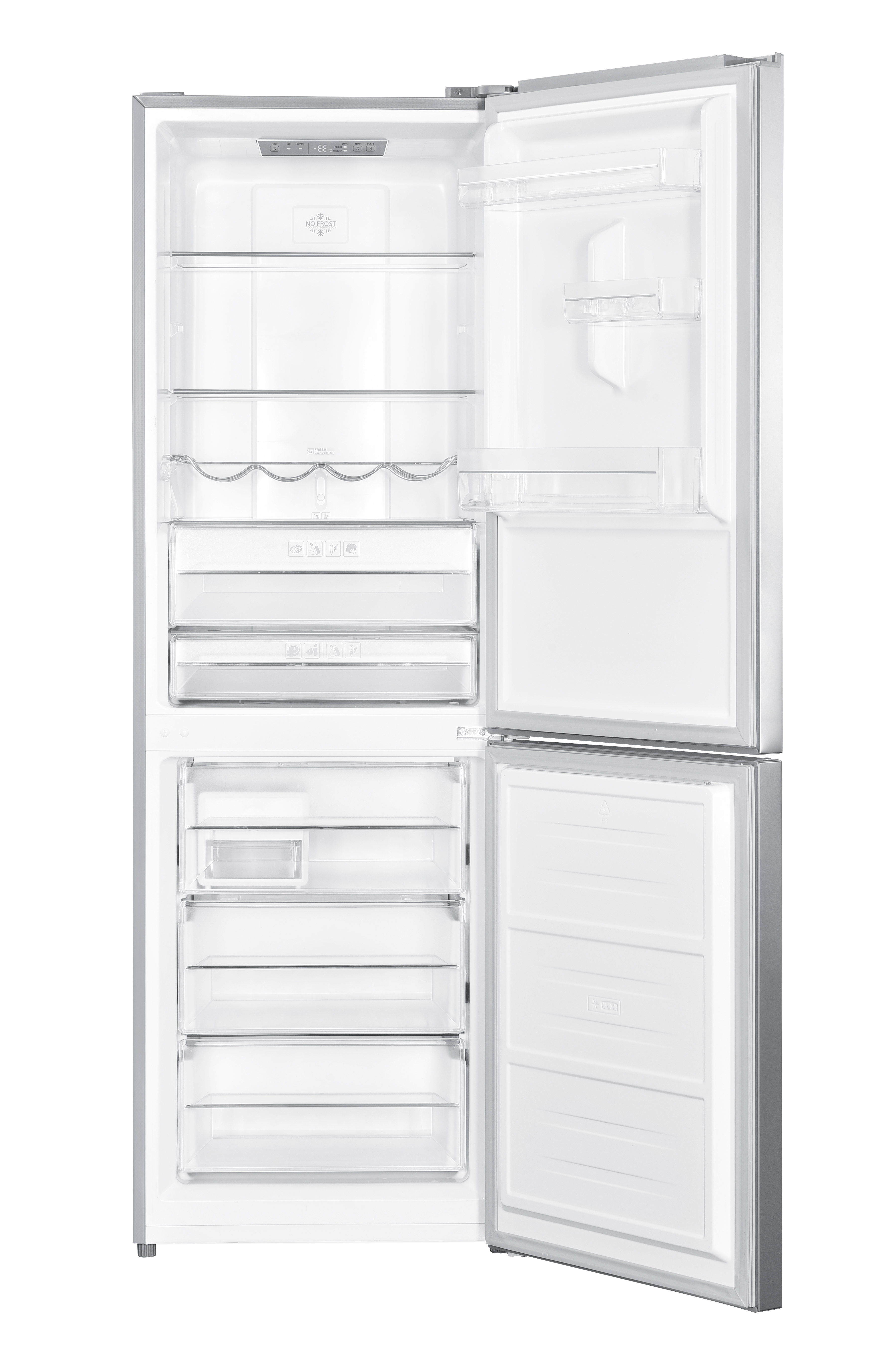 Un refrigerador plateado abierto con varios estantes de cristal y cajones.