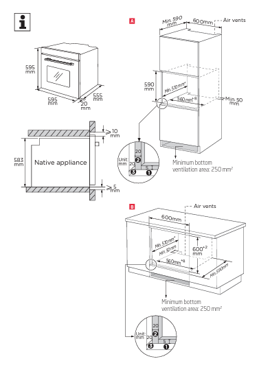 Dibujo técnico de un horno mostrando dimensiones de instalación y ventilación.