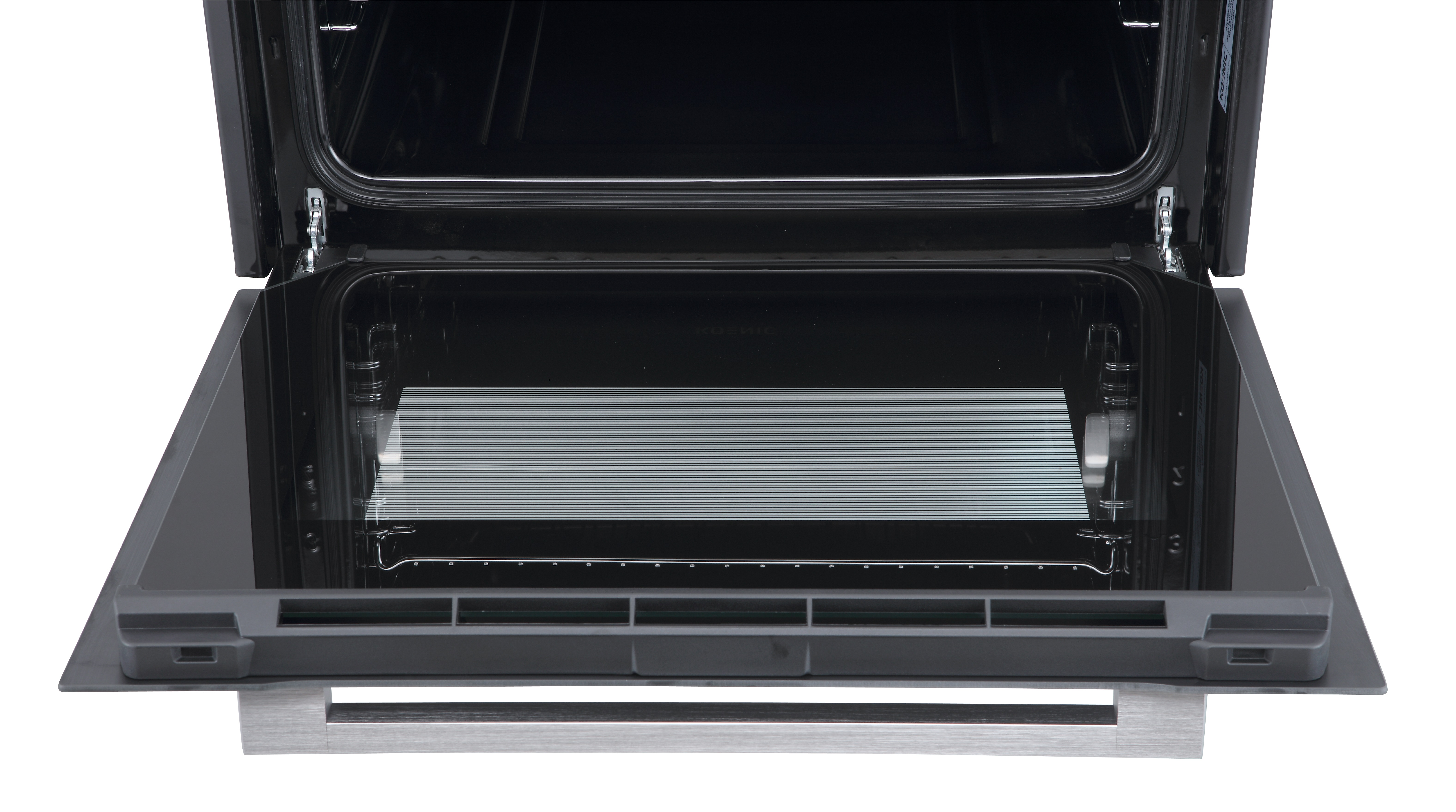 Un horno negro abierto con rejilla plateada e inserto de vidrio.