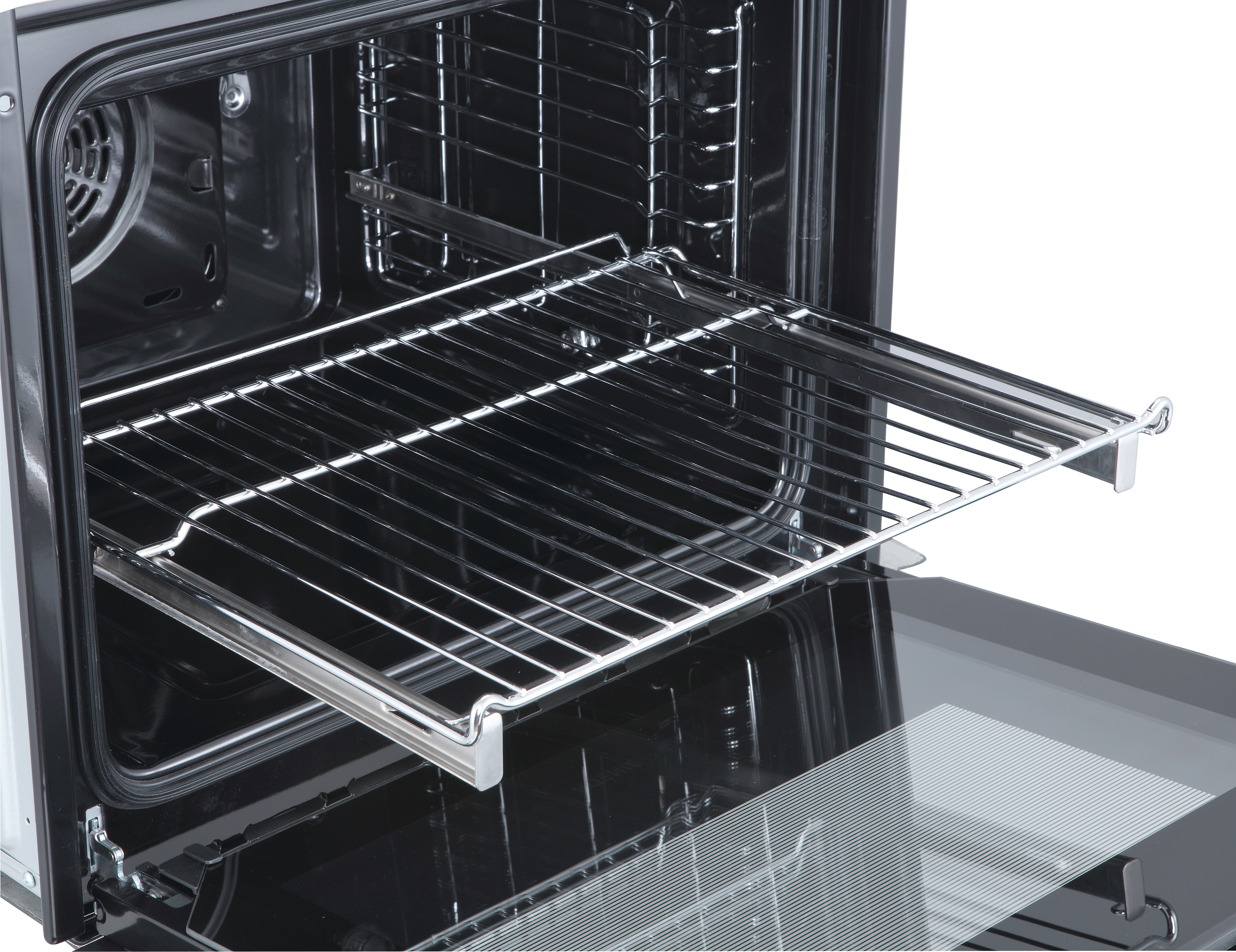 Un horno negro abierto y brillante con una rejilla metálica extraíble en primer plano.