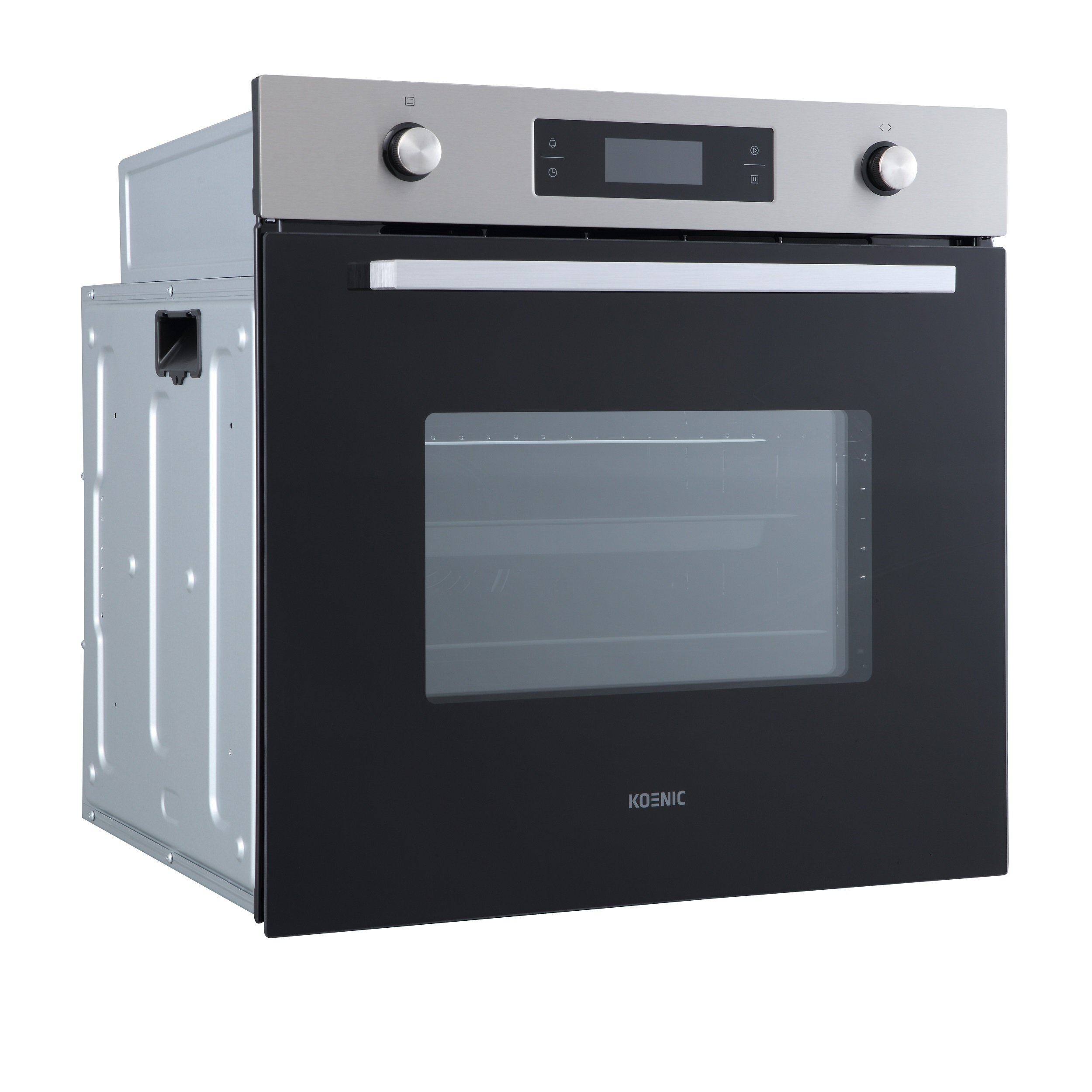 Un horno empotrable moderno con puerta de cristal negra y panel de acero inoxidable.