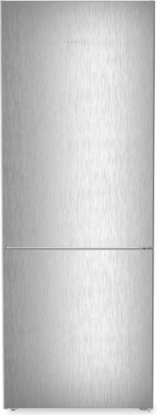 Ein moderner silberner Kühlschrank mit gebürsteter Metalloberfläche.