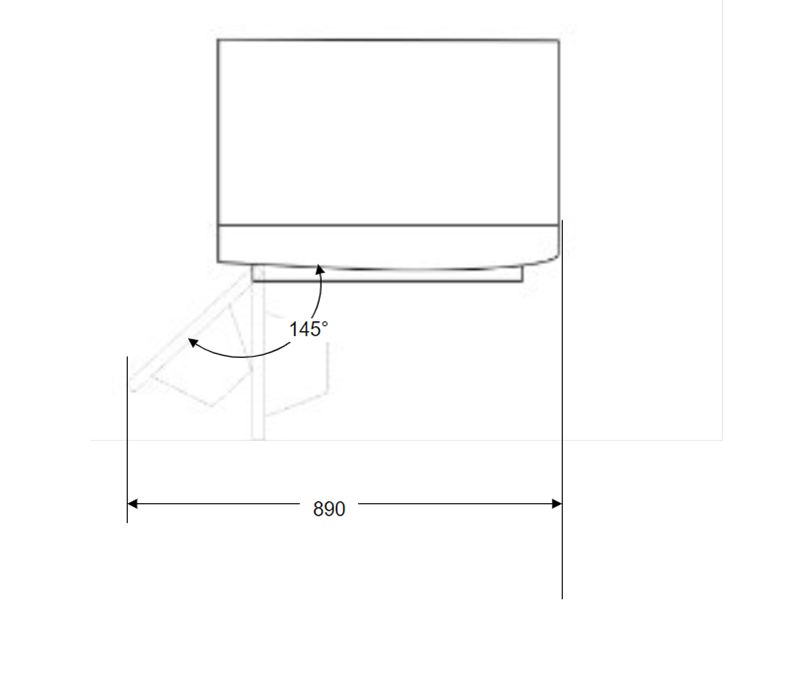 Dibujo técnico muestra mesa abatible con ángulo de 145 grados y 890 mm de ancho.