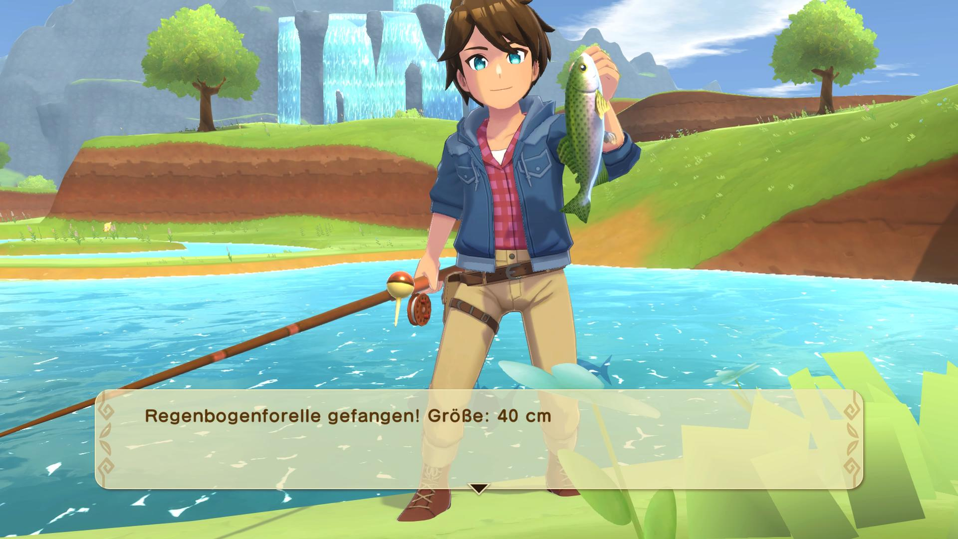 Ein Junge hält einen Fisch und eine Angel. Hintergrund ist eine Landschaft mit Wasserfall.