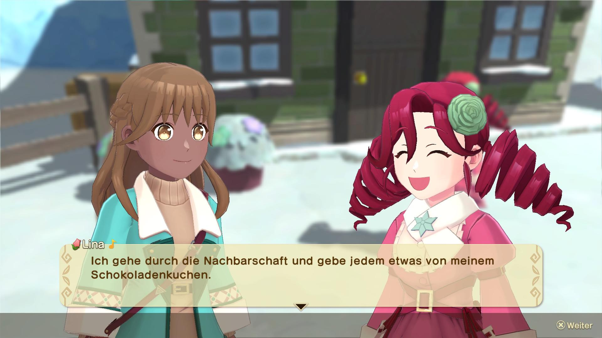 Zwei Mädchen stehen in einer verschneiten Stadt. Lina spricht.