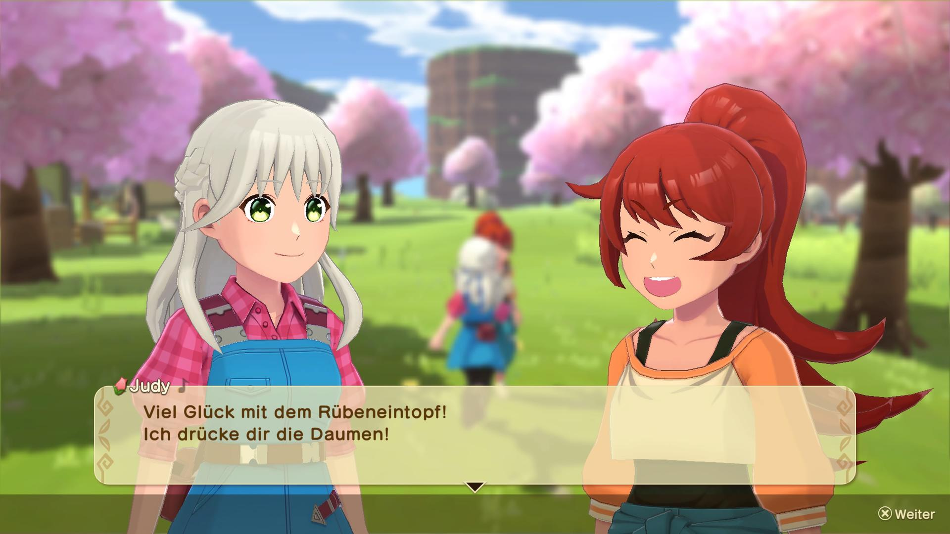 Zwei Anime-Frauen im Gespräch im Freien, eine mit weißen Haaren, die andere mit roten.