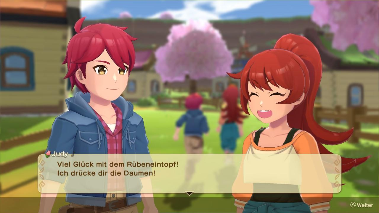 Zwei Charaktere sprechen sich in einer ländlichen Umgebung mit einem rosa Baum im Hintergrund aus.