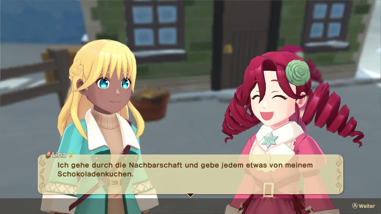 Zwei Anime-Mädchen sprechen in einer verschneiten Stadt. Eines hat blonde Haare.