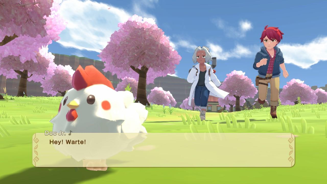 Ein Cartoon-Huhn steht auf einem grasbewachsenen Feld mit rosa Bäumen. Zwei Personen rennen im Hintergrund.