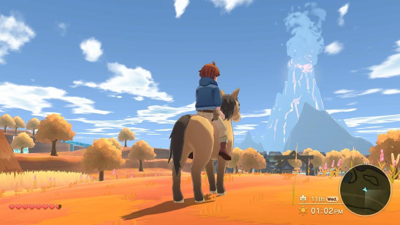 Kind reitet auf Pferd vor Vulkan mit Rauchwolke und herbstlicher Landschaft.