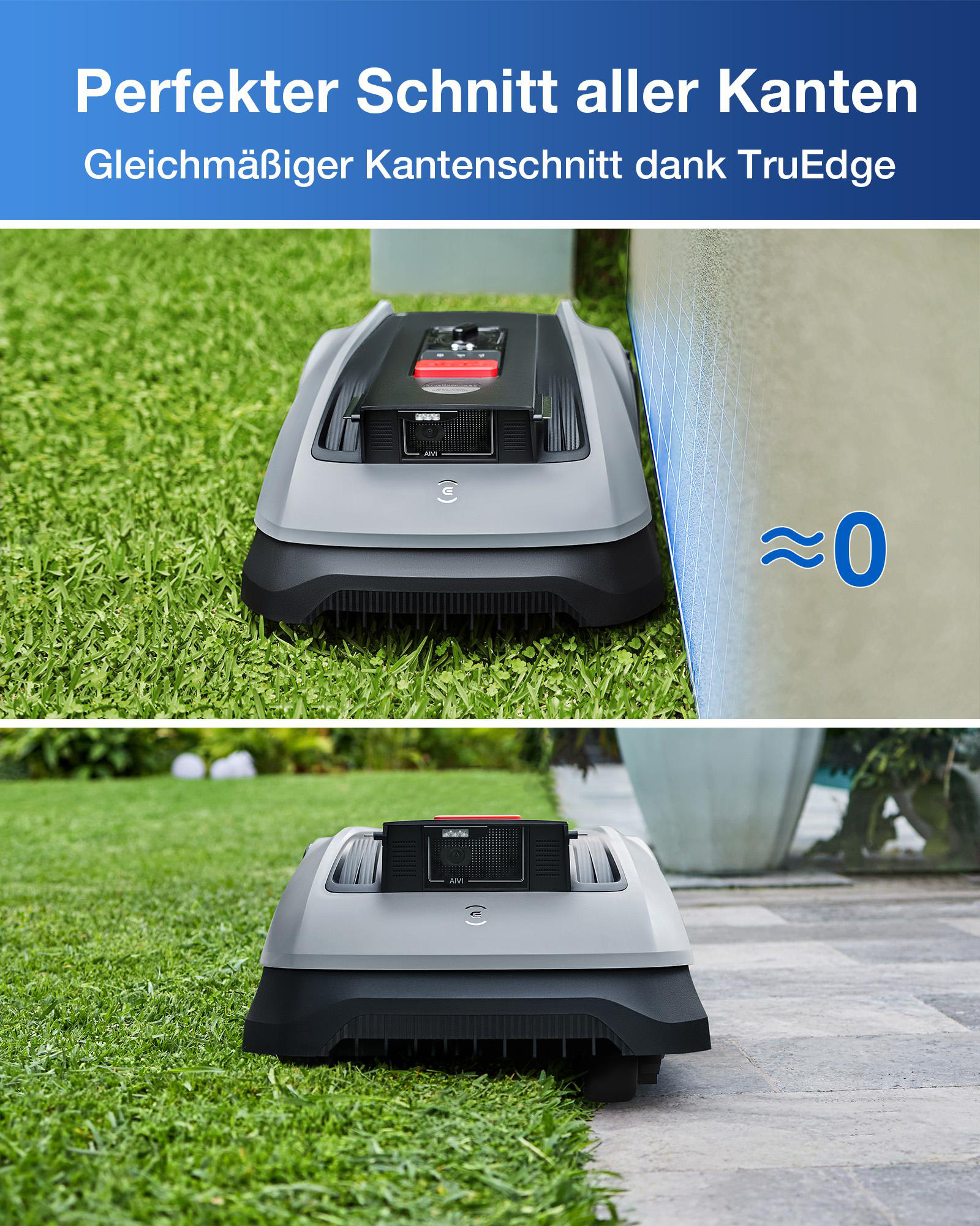 Ein Mähroboter fährt am Rasenrand, Nahe einer Wand. Oberer Teil zeigt Text.