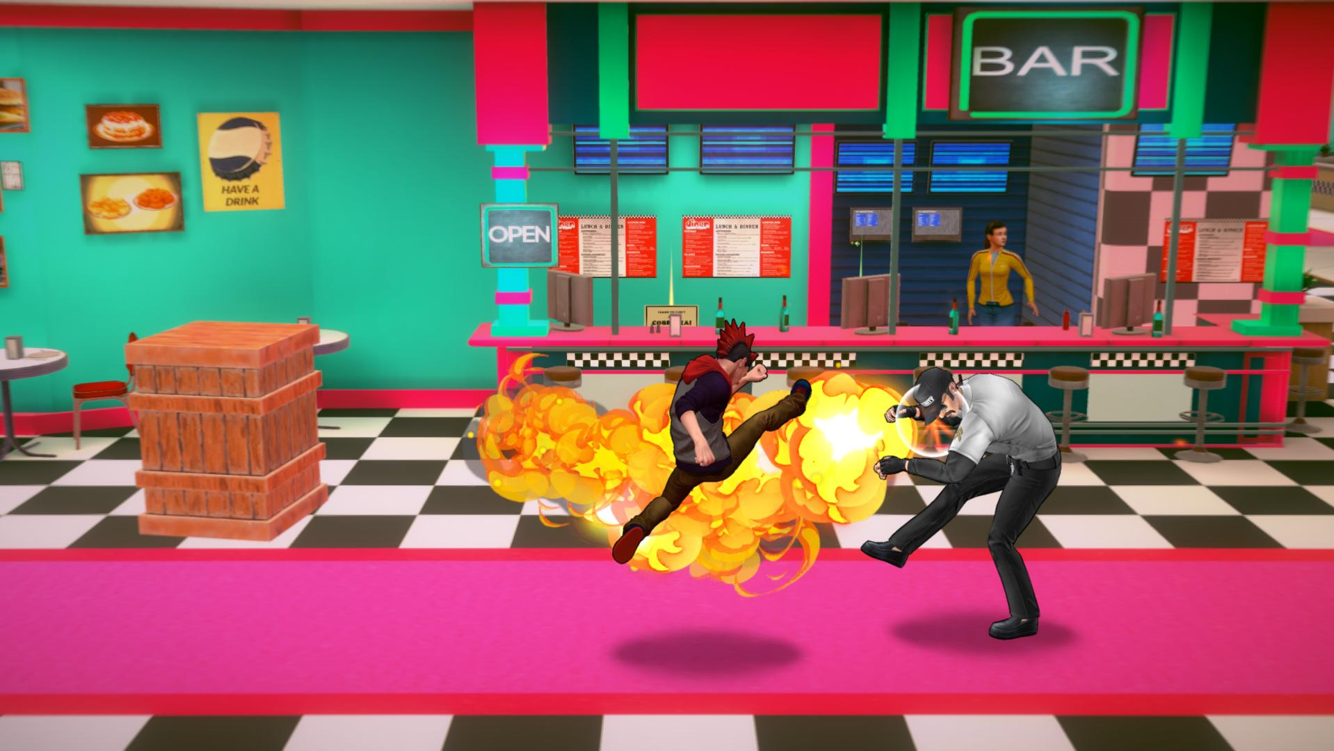 Zwei Kämpfer mit Flammen im Hintergrund in einem Diner.