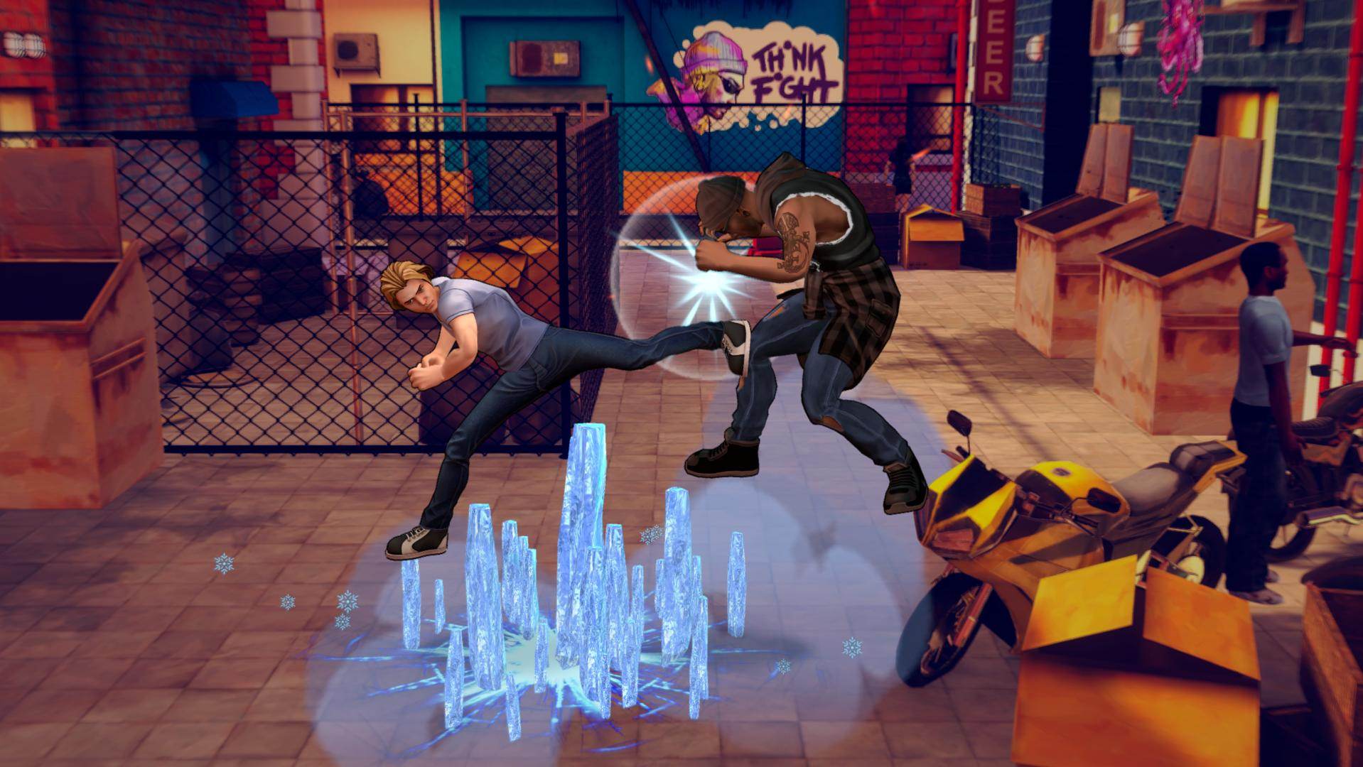 Zwei Männer kämpfen; einer tritt, der andere blockt. Eis ragt aus dem Boden.
