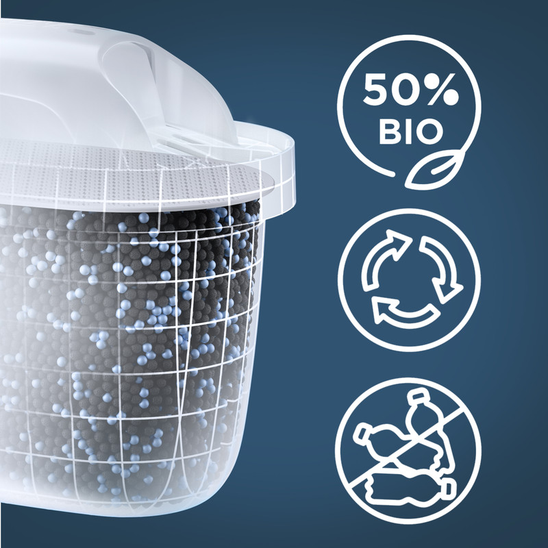 Filtre à eau avec granulés, 50% bio, recyclage et pas de symboles plastiques.