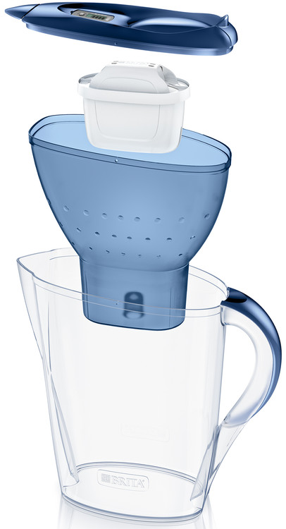 Un filtre à eau Brita bleu, démonté en couvercle, cartouche et pichet.