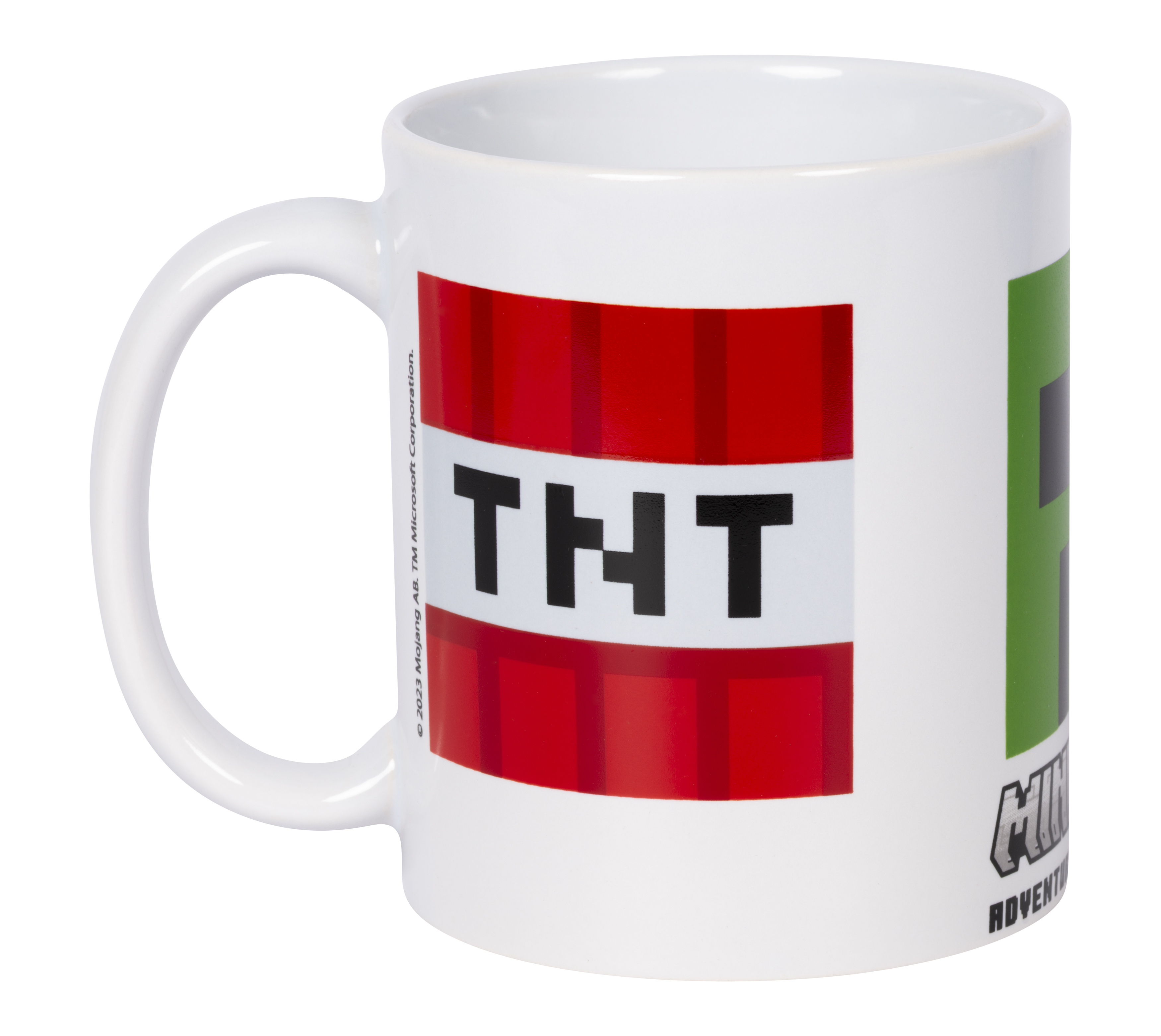 Eine weiße Tasse mit Minecraft-Motiv: TNT und ein Creeper.