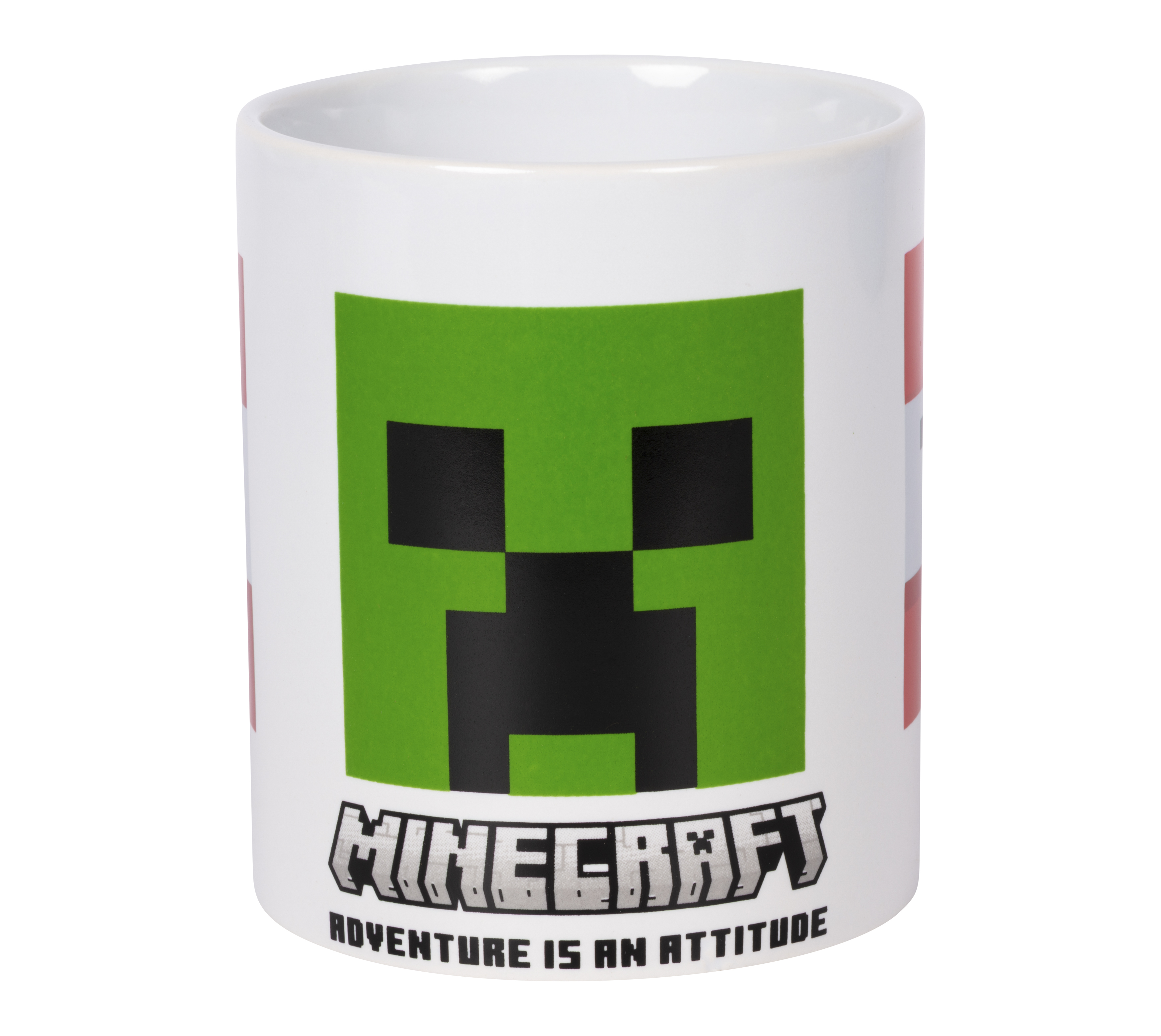 Weiße Tasse mit Minecraft Creeper-Gesicht und Schriftzug.