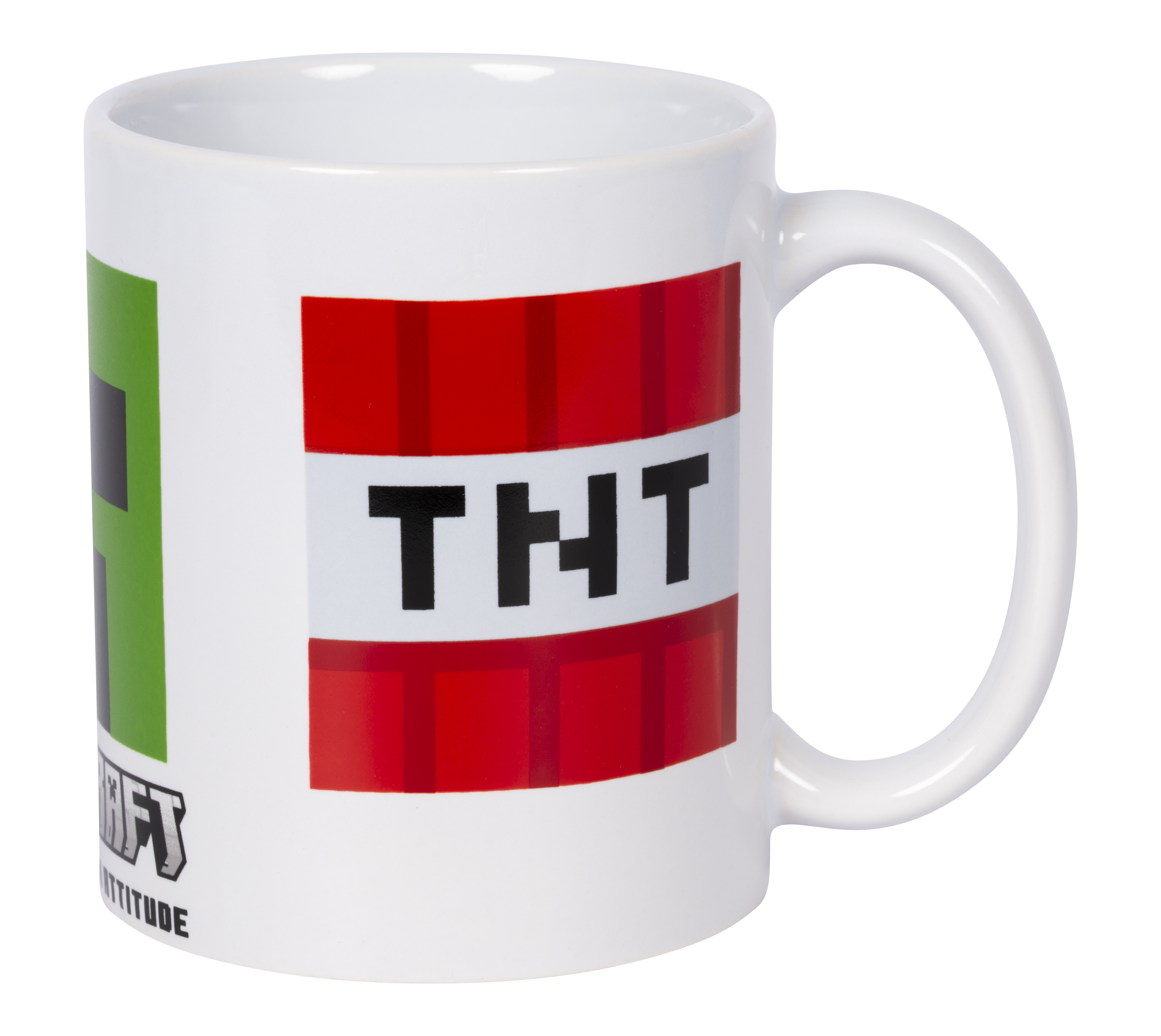Weiße Tasse mit Minecraft Creeper und TNT-Design.