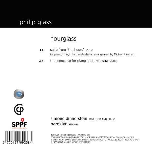 Albumcover mit Text über Philip Glass und Simone Dinnerstein, sowie Logos.