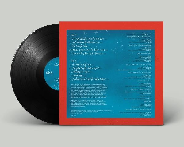 Schwarze Schallplatte neben rotem Vinyl-Cover mit Songliste. Seite B ist sichtbar.