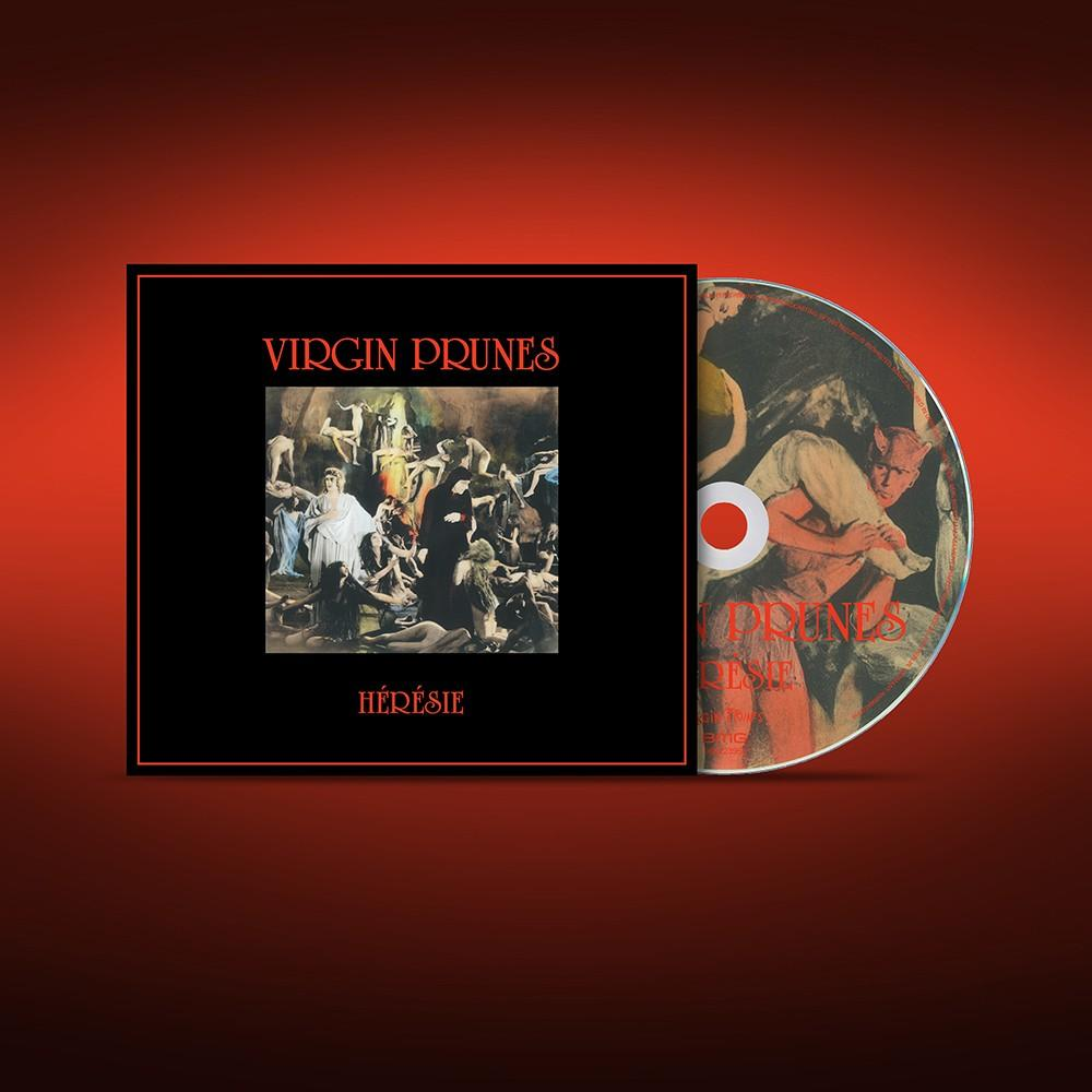 Albumcover und CD von Virgin Prunes' Hérésie mit dämonischer Kunst.