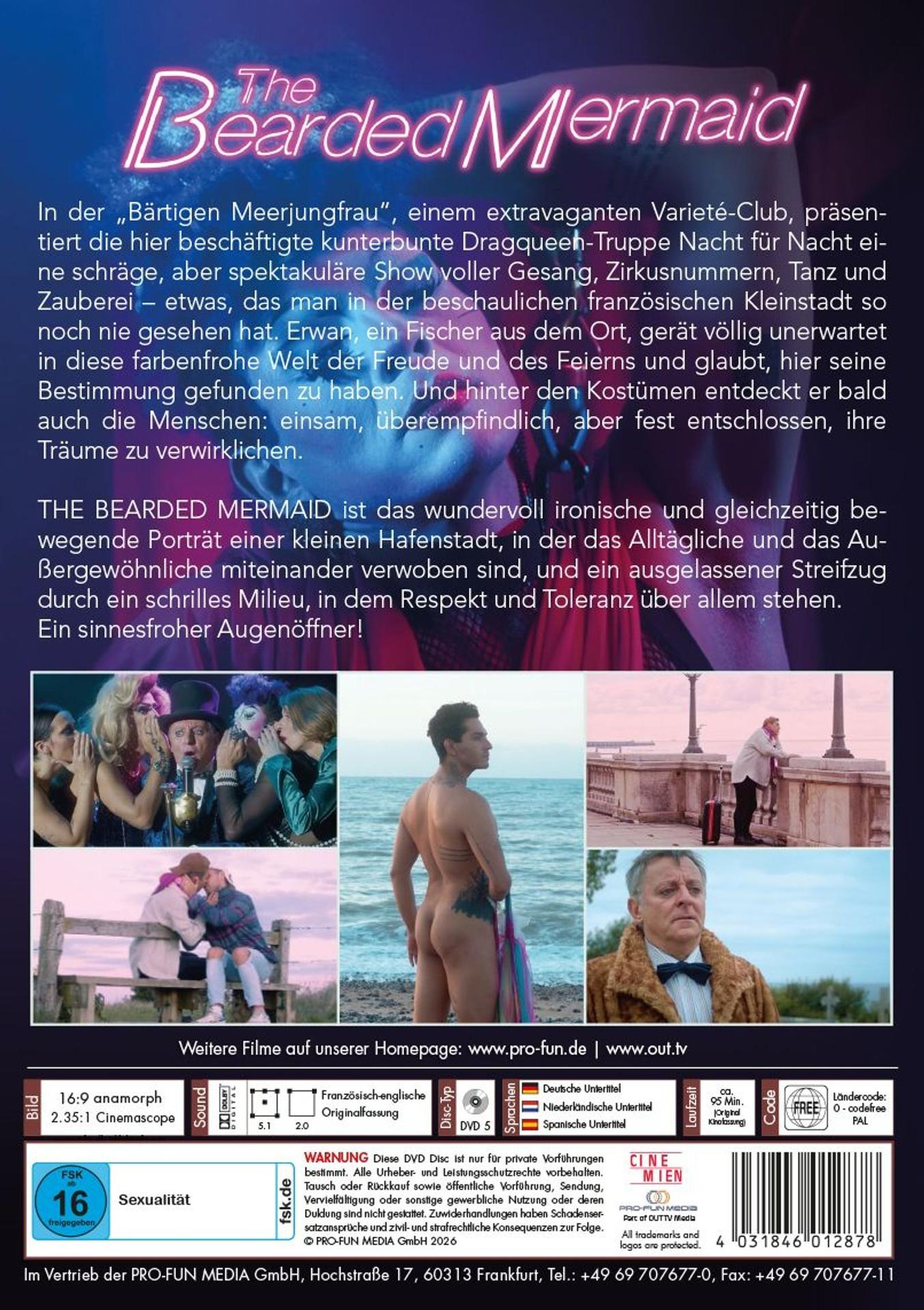 DVD-Cover mit dem Titel 'The Bearded Mermaid', Text und Filmstills.
