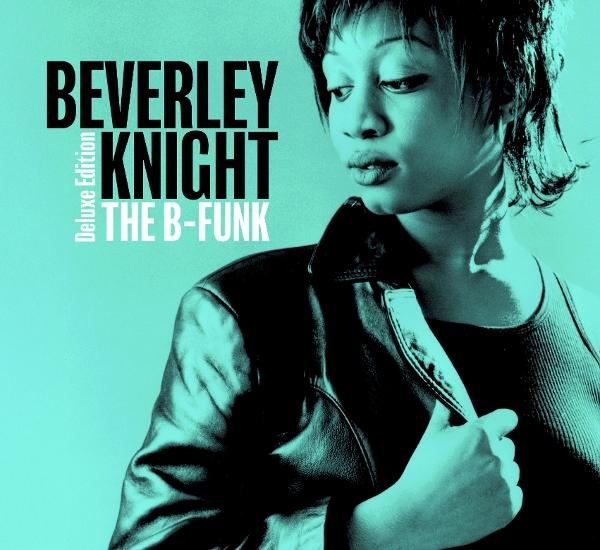 Beverley Knight mit "The B-Funk" Albumcover, sie trägt eine Lederjacke.