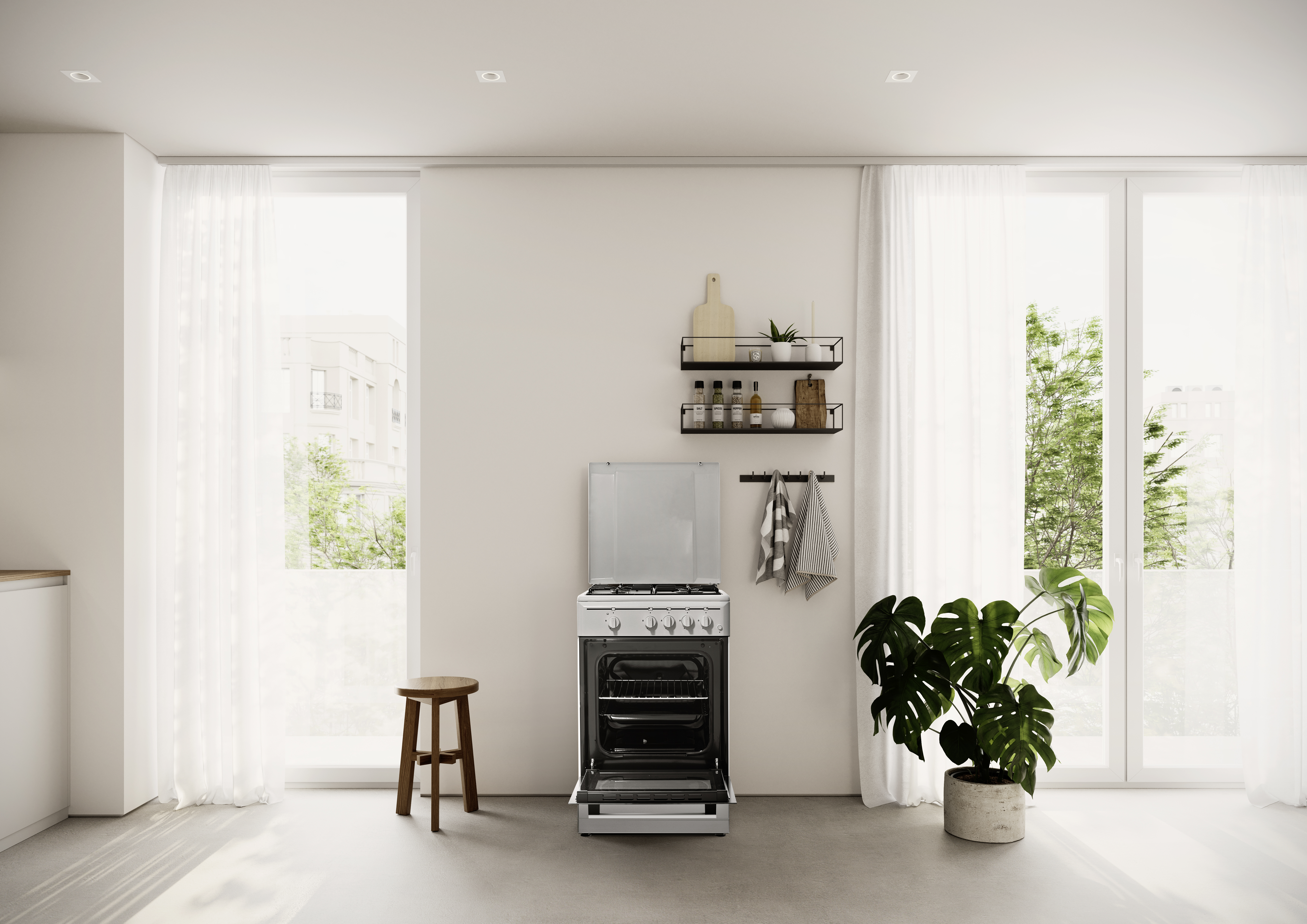 Cocina moderna con horno plateado, taburete de madera, plantas y ventanas grandes.