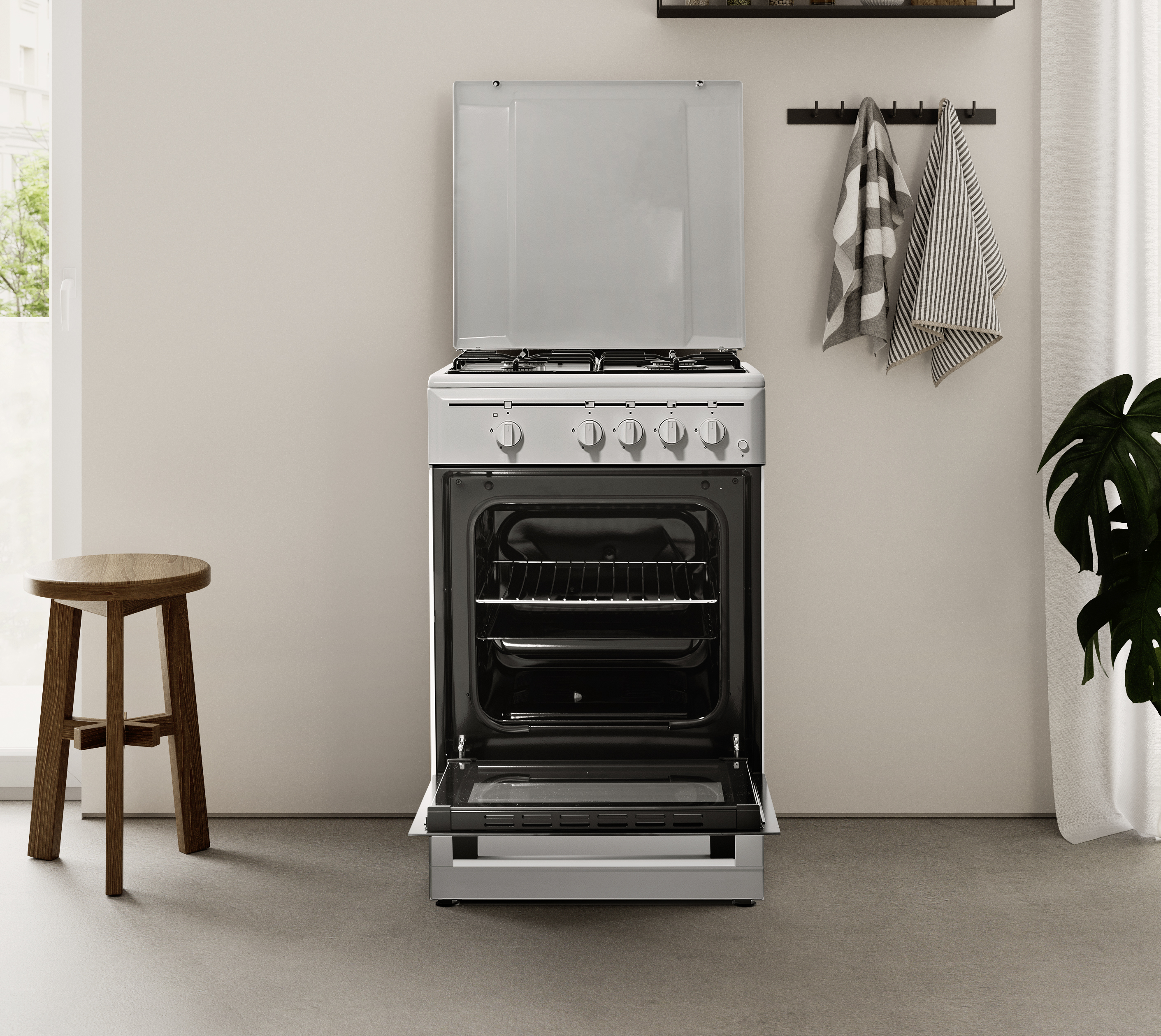 Una cocina de gas blanca con horno abierto está en una cocina. Un taburete de madera a la izquierda, ventana cerca.