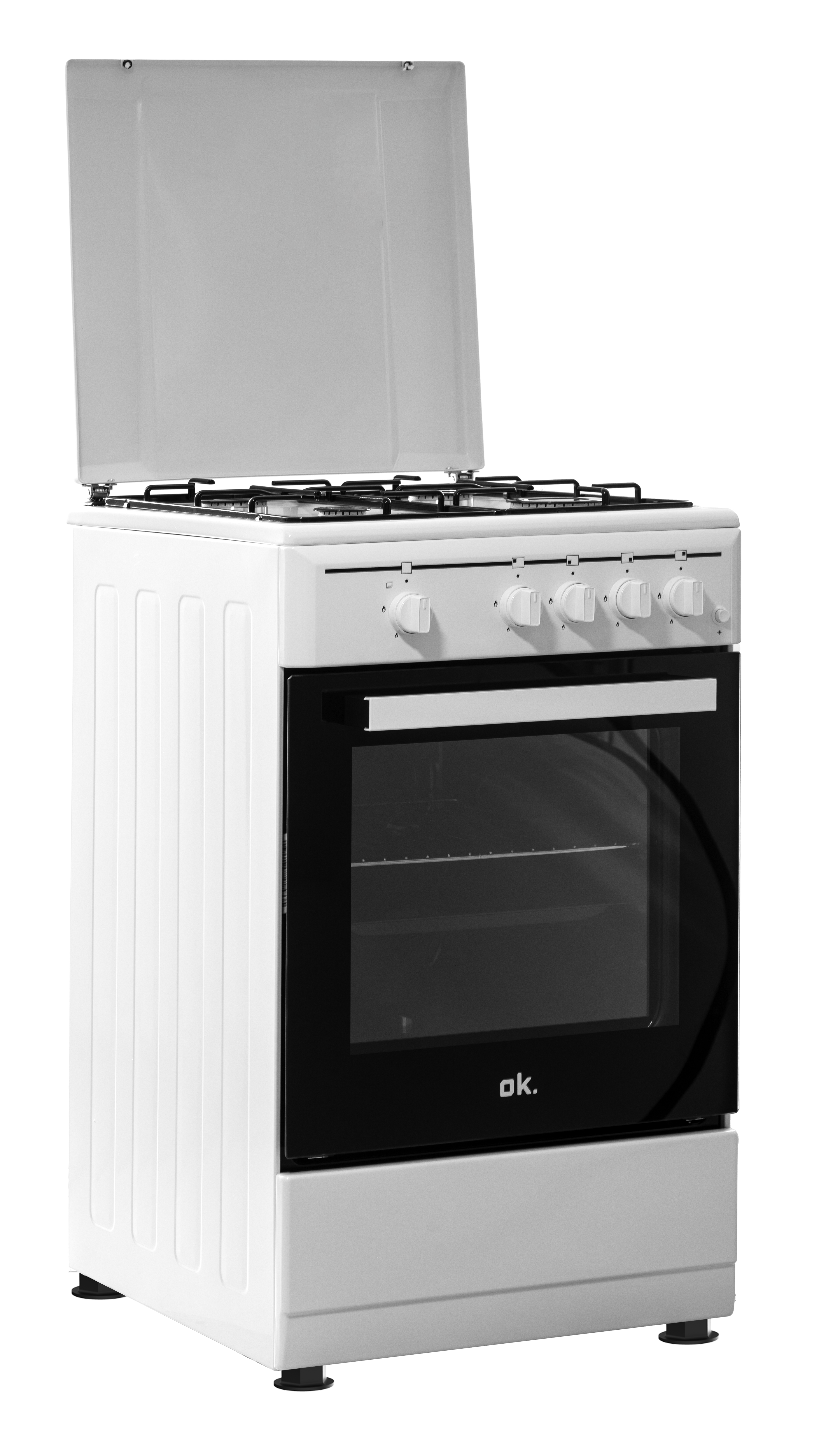 Una cocina de gas blanca con la tapa de cristal abierta y puerta de horno negra.