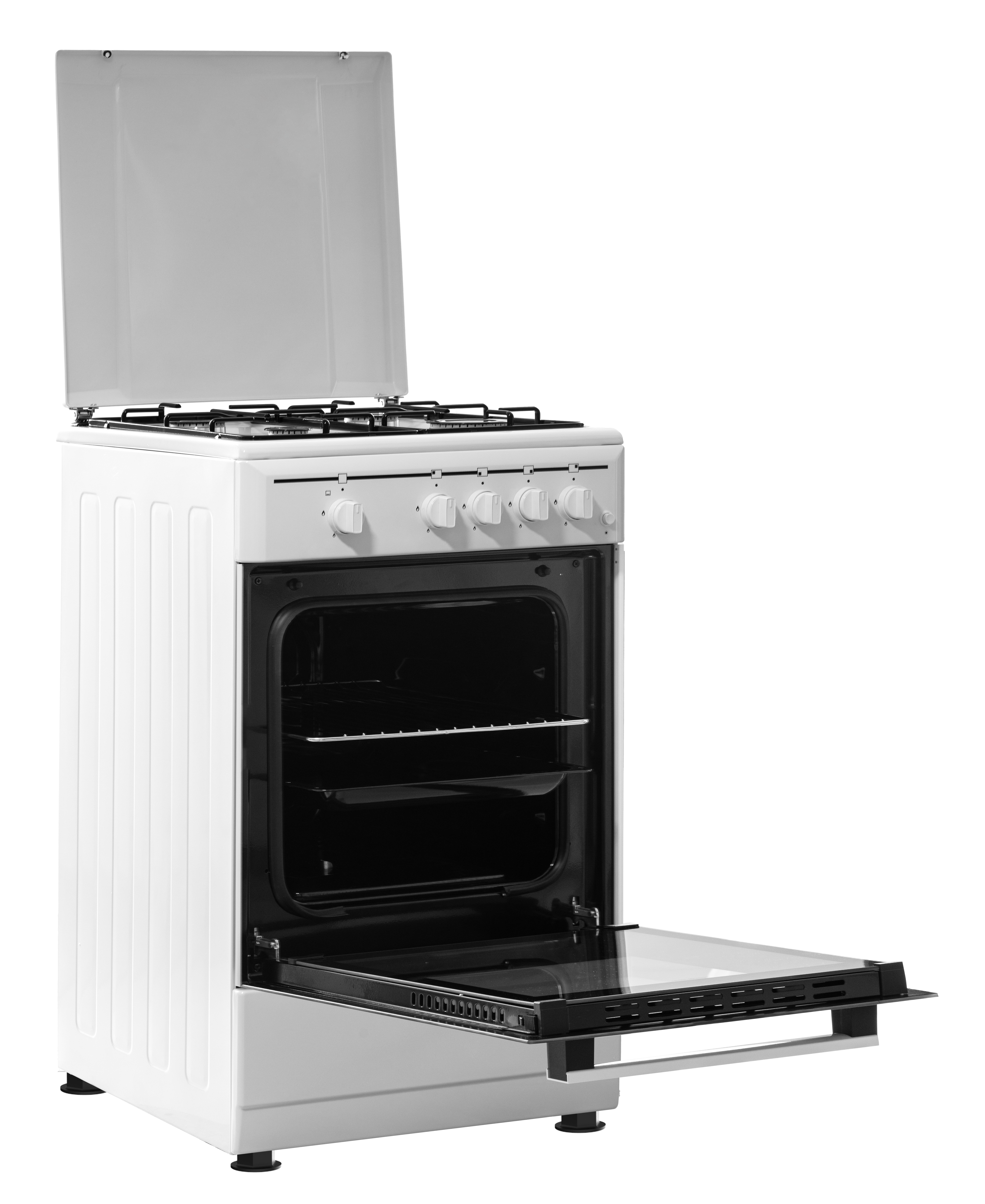 Una cocina de gas blanca con la puerta del horno abierta y la tapa levantada.