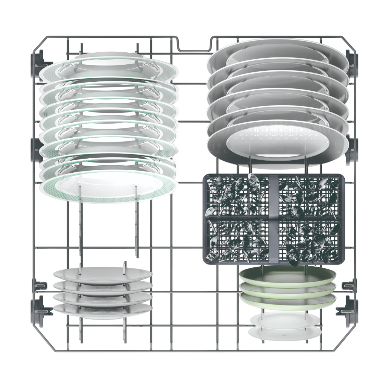 Bulaşık makinesi rafında temiz ve boş tabaklar ve bardaklar.